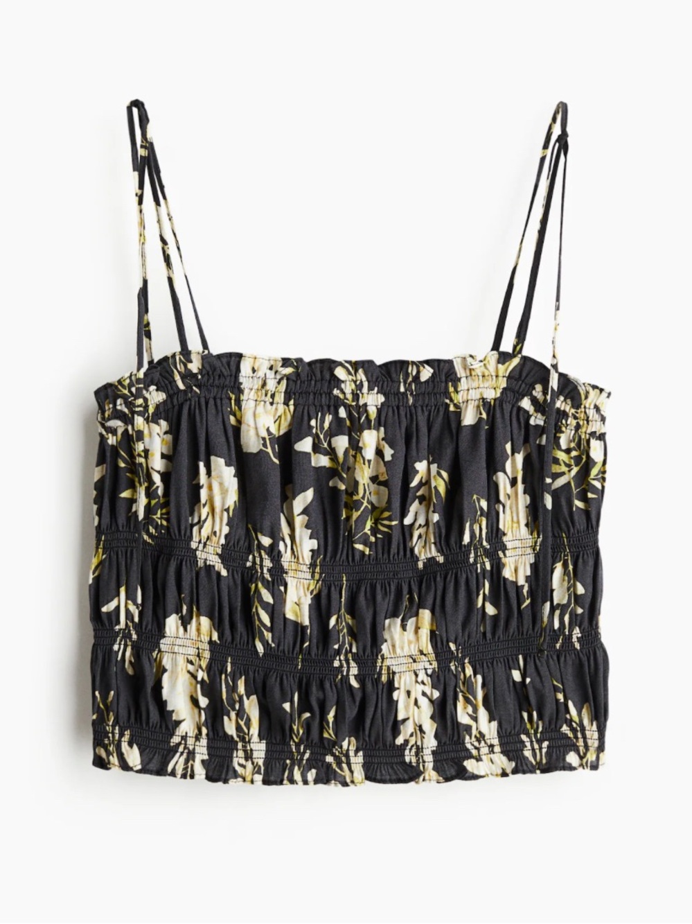 H&M Black Floral Smocked Cropped Cami with Yellow/Cream Print